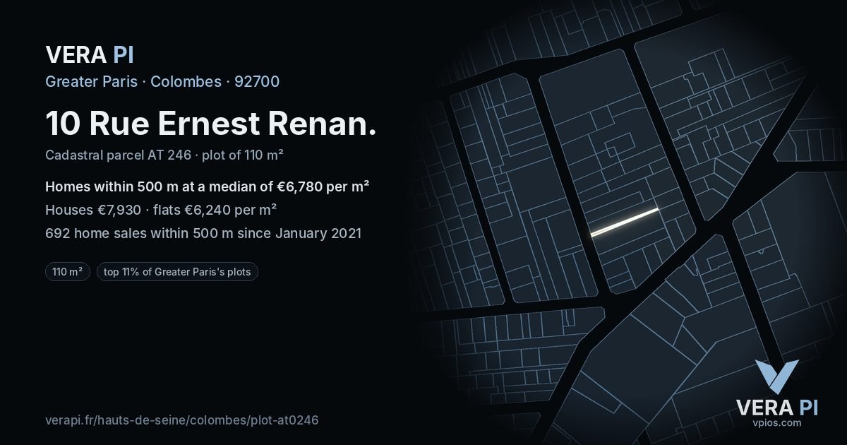 10 Rue Ernest Renan, Colombes at night – the plot lit, the parcels around coloured by the prices near them