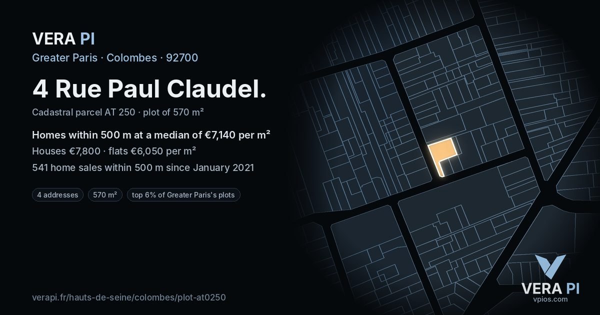 4 Rue Paul Claudel, Colombes at night – the plot lit, the parcels around coloured by the prices near them