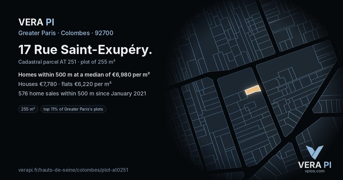 17 Rue Saint-Exupéry, Colombes at night – the plot lit, the parcels around coloured by the prices near them