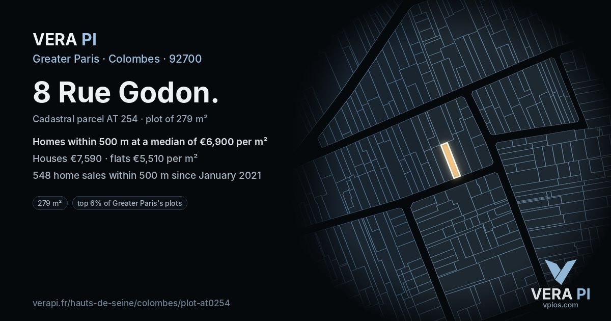 8 Rue Godon, Colombes at night – the plot lit, the parcels around coloured by the prices near them