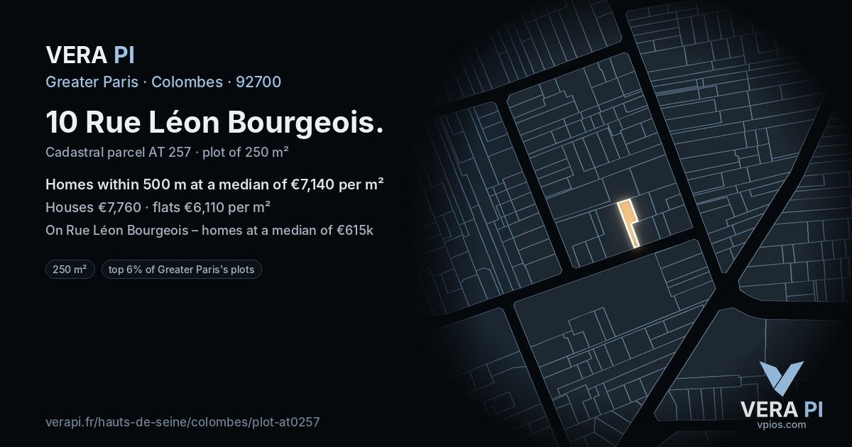 10 Rue Léon Bourgeois, Colombes at night – the plot lit, the parcels around coloured by the prices near them