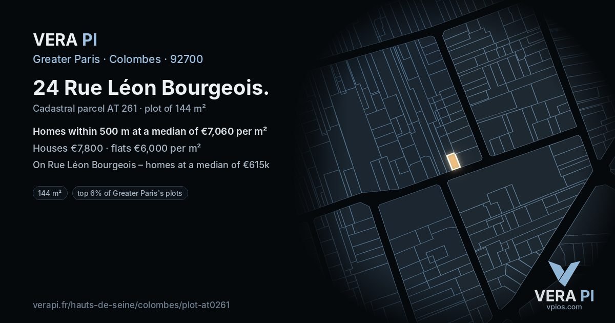 24 Rue Léon Bourgeois, Colombes at night – the plot lit, the parcels around coloured by the prices near them