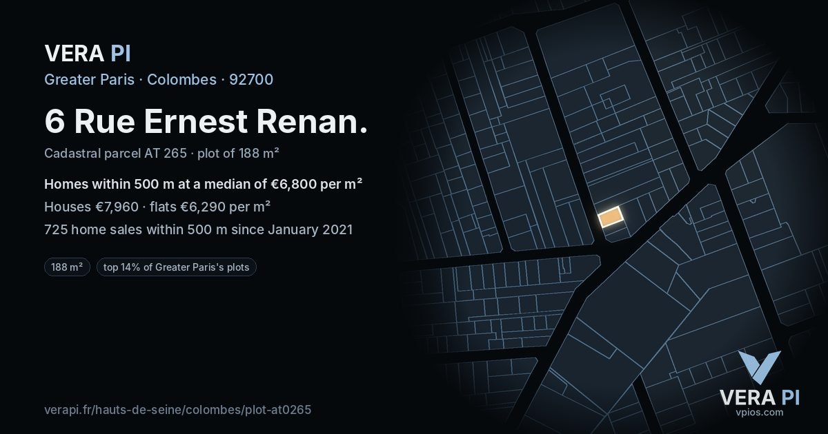 6 Rue Ernest Renan, Colombes at night – the plot lit, the parcels around coloured by the prices near them