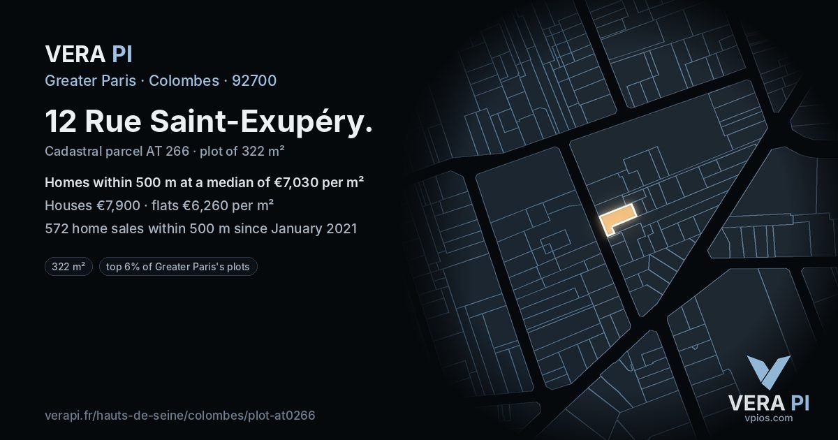 12 Rue Saint-Exupéry, Colombes at night – the plot lit, the parcels around coloured by the prices near them