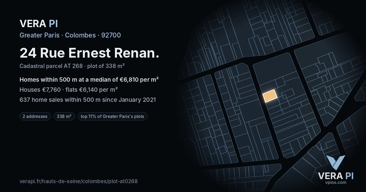 24 Rue Ernest Renan, Colombes at night – the plot lit, the parcels around coloured by the prices near them