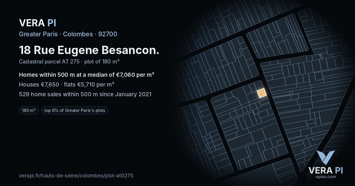 18 Rue Eugene Besancon, Colombes at night – the plot lit, the parcels around coloured by the prices near them