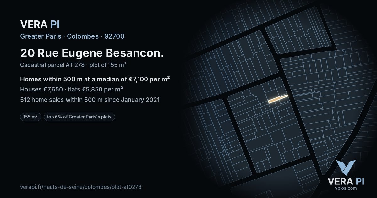 20 Rue Eugene Besancon, Colombes at night – the plot lit, the parcels around coloured by the prices near them