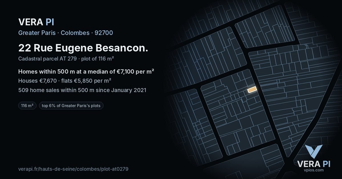 22 Rue Eugene Besancon, Colombes at night – the plot lit, the parcels around coloured by the prices near them