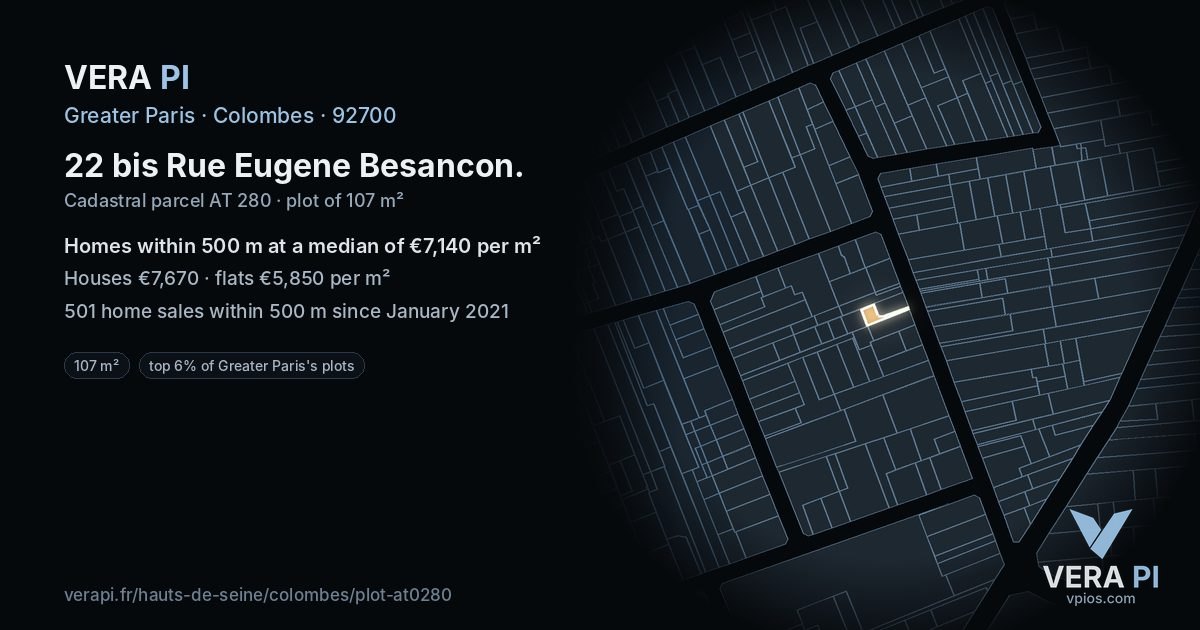 22 bis Rue Eugene Besancon, Colombes at night – the plot lit, the parcels around coloured by the prices near them