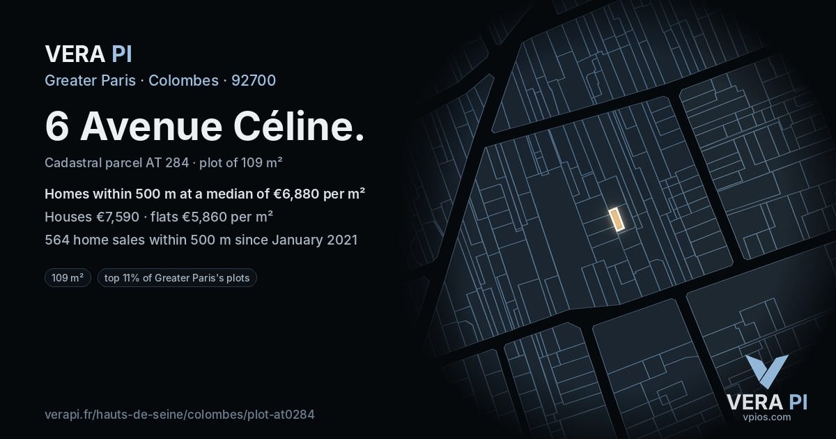 6 Avenue Céline, Colombes at night – the plot lit, the parcels around coloured by the prices near them