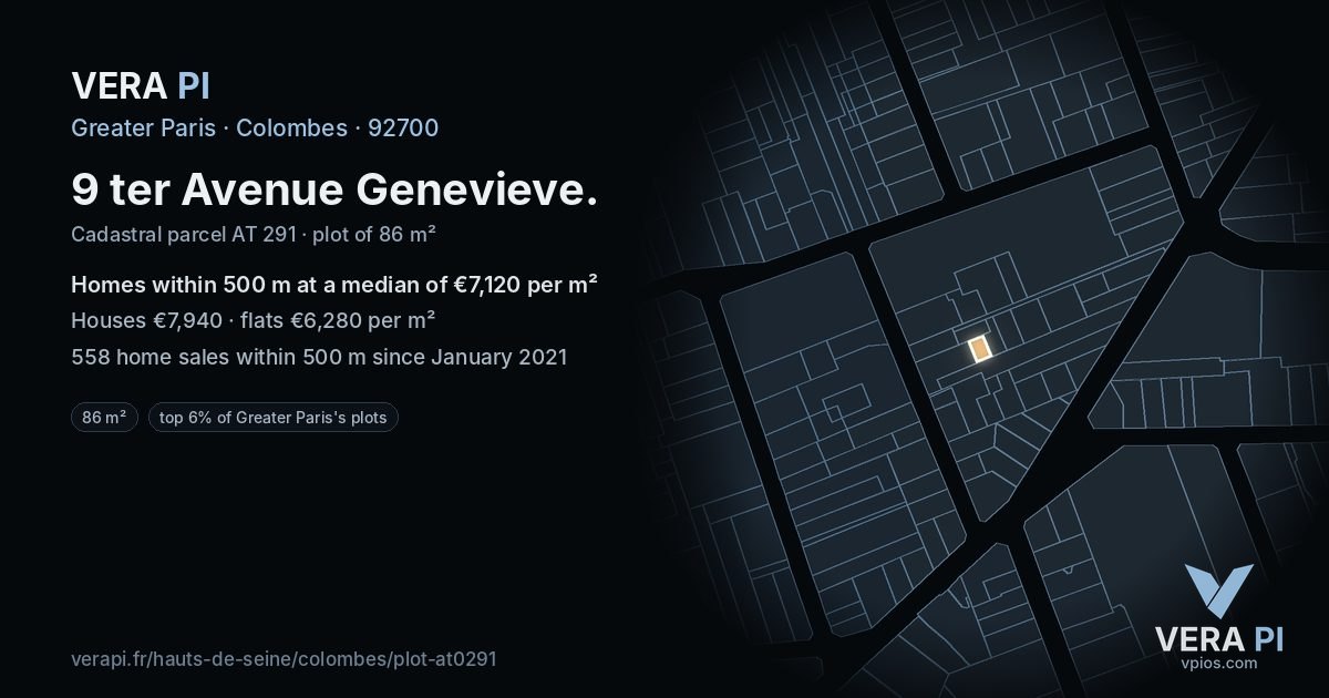 9 ter Avenue Genevieve, Colombes at night – the plot lit, the parcels around coloured by the prices near them