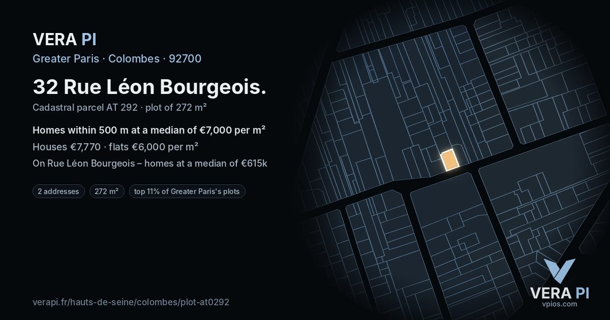 32 Rue Léon Bourgeois, Colombes at night – the plot lit, the parcels around coloured by the prices near them