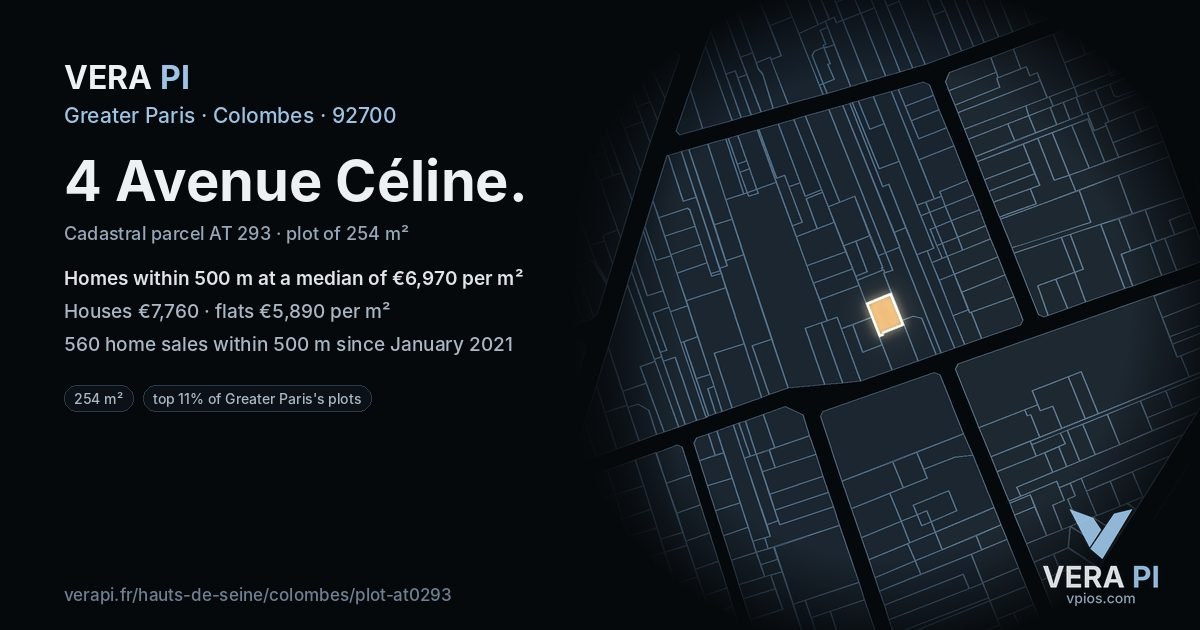 4 Avenue Céline, Colombes at night – the plot lit, the parcels around coloured by the prices near them