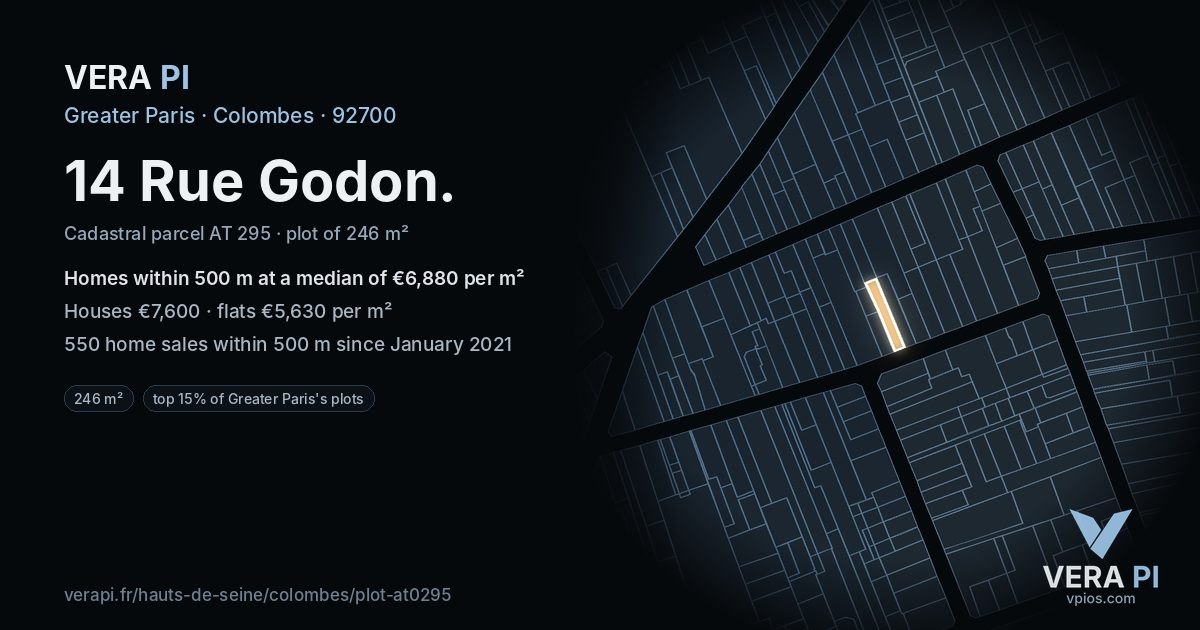 14 Rue Godon, Colombes at night – the plot lit, the parcels around coloured by the prices near them