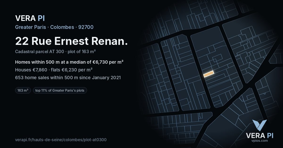 22 Rue Ernest Renan, Colombes at night – the plot lit, the parcels around coloured by the prices near them