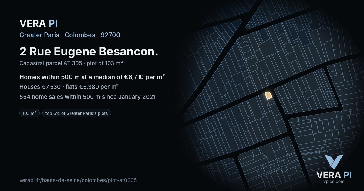 2 Rue Eugene Besancon, Colombes at night – the plot lit, the parcels around coloured by the prices near them