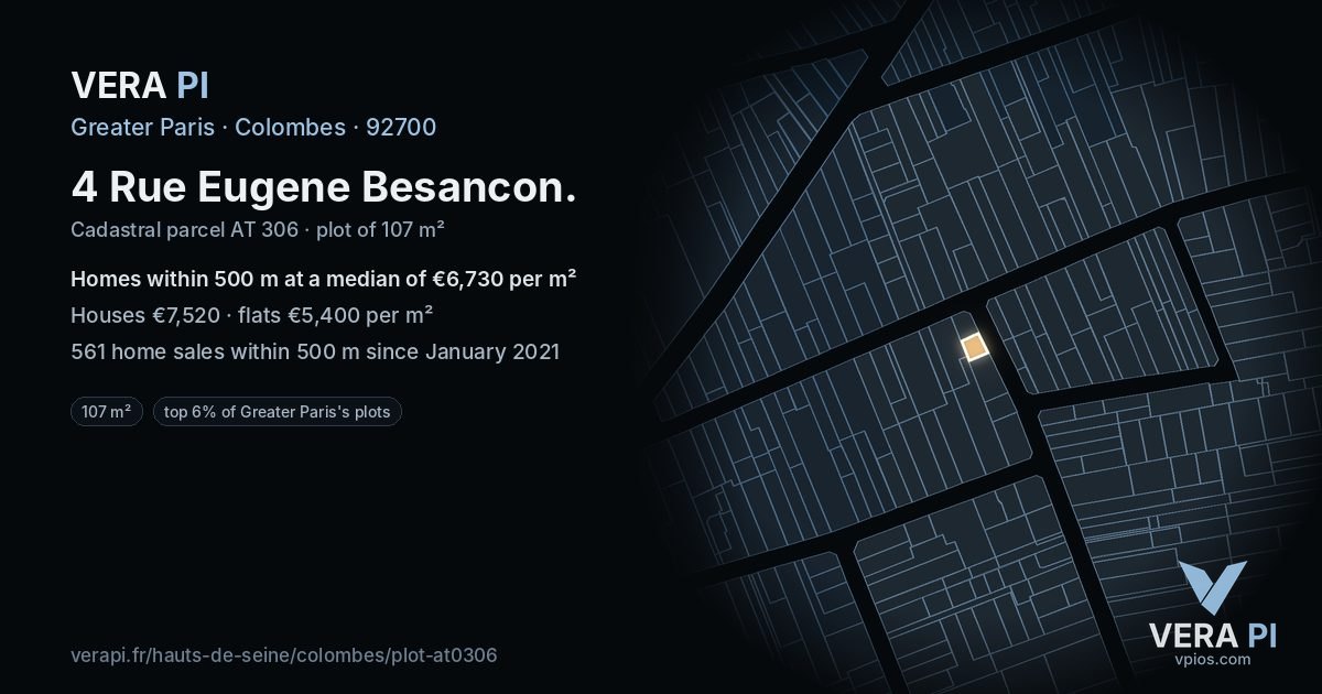 4 Rue Eugene Besancon, Colombes at night – the plot lit, the parcels around coloured by the prices near them