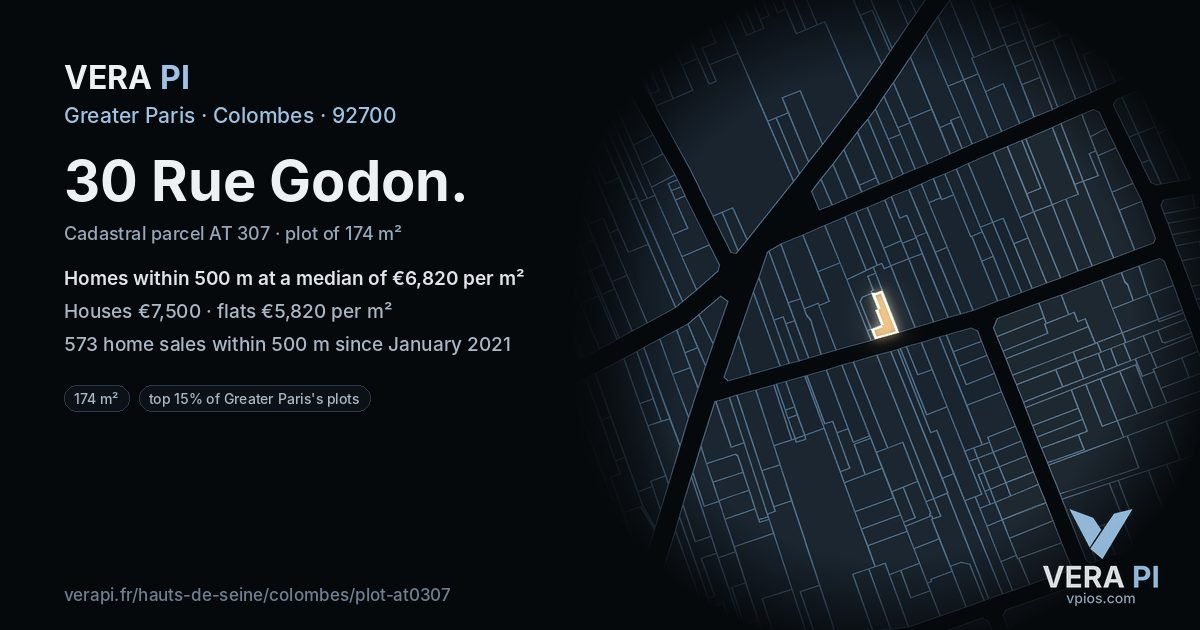 30 Rue Godon, Colombes at night – the plot lit, the parcels around coloured by the prices near them
