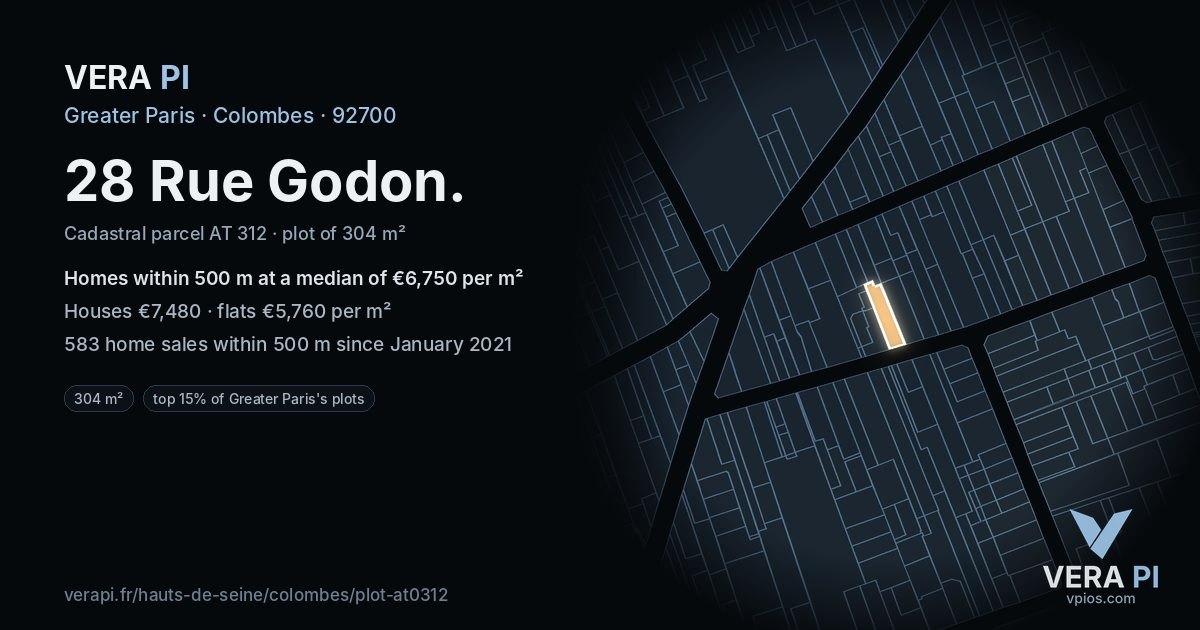 28 Rue Godon, Colombes at night – the plot lit, the parcels around coloured by the prices near them