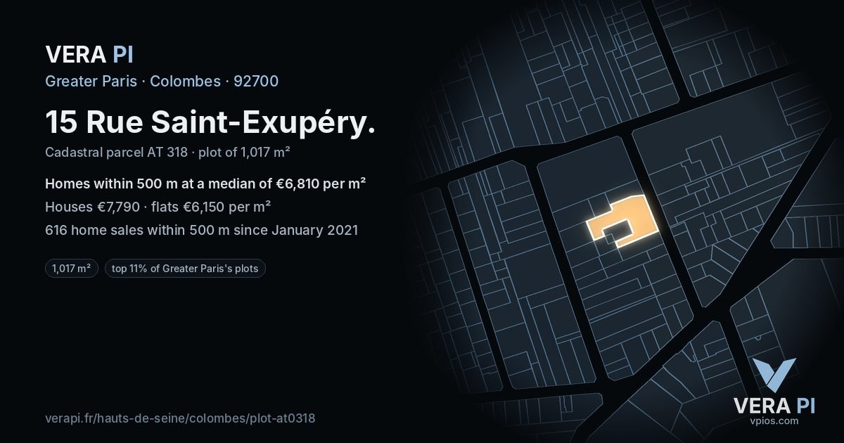 15 Rue Saint-Exupéry, Colombes at night – the plot lit, the parcels around coloured by the prices near them