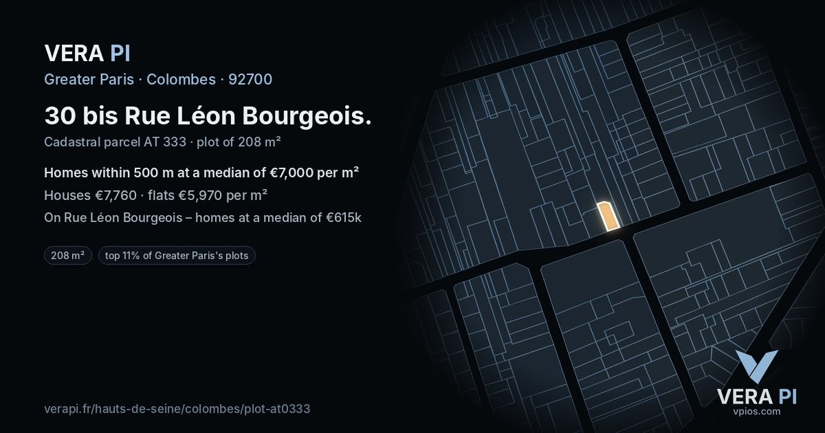 30 bis Rue Léon Bourgeois, Colombes at night – the plot lit, the parcels around coloured by the prices near them