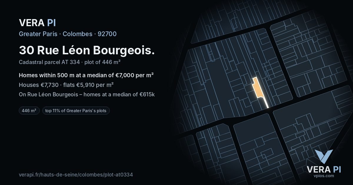 30 Rue Léon Bourgeois, Colombes at night – the plot lit, the parcels around coloured by the prices near them