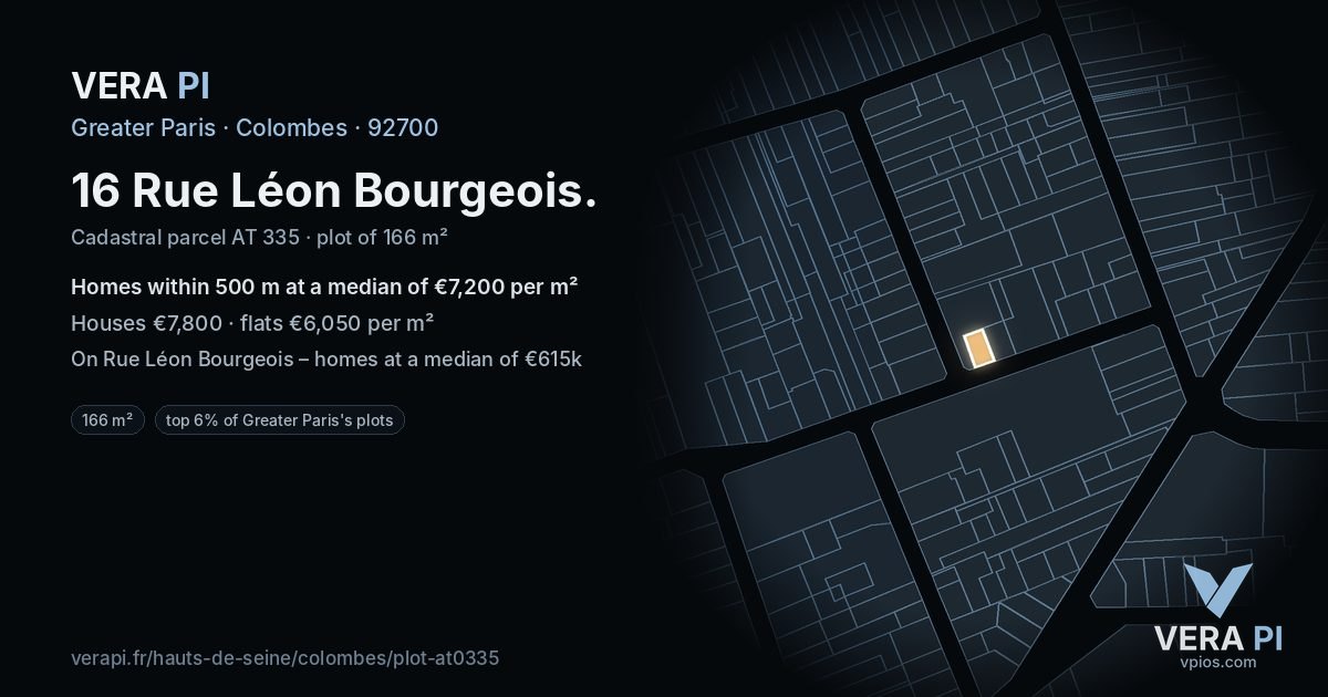 16 Rue Léon Bourgeois, Colombes at night – the plot lit, the parcels around coloured by the prices near them