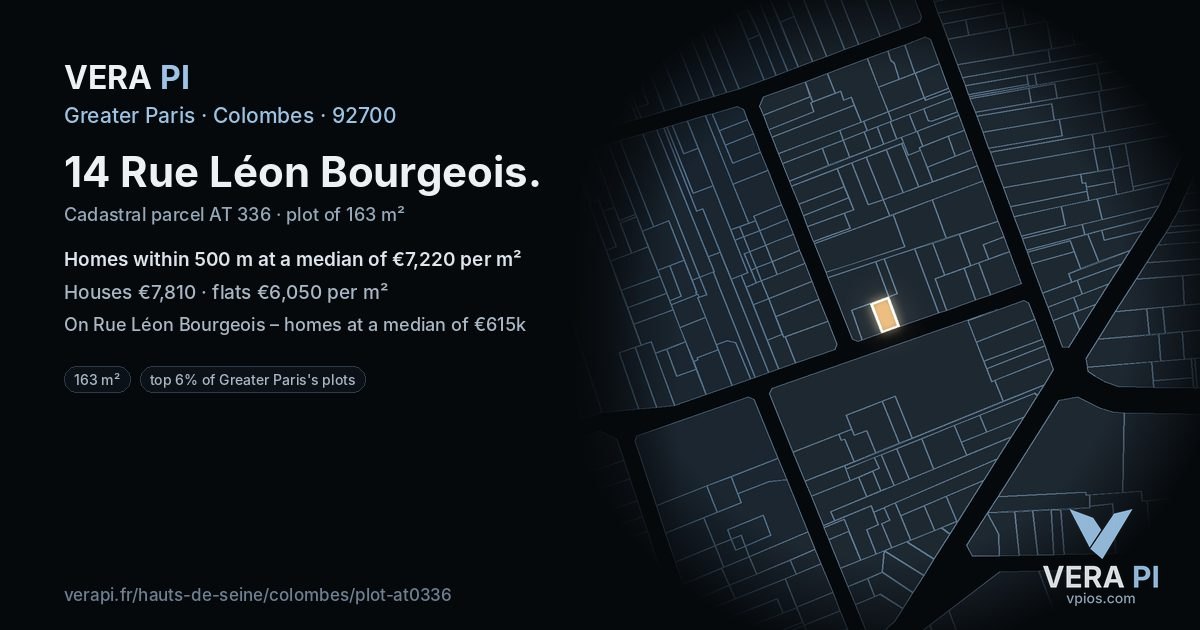 14 Rue Léon Bourgeois, Colombes at night – the plot lit, the parcels around coloured by the prices near them