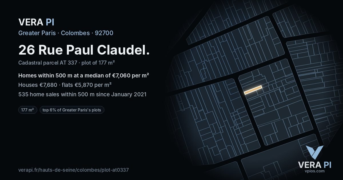26 Rue Paul Claudel, Colombes at night – the plot lit, the parcels around coloured by the prices near them