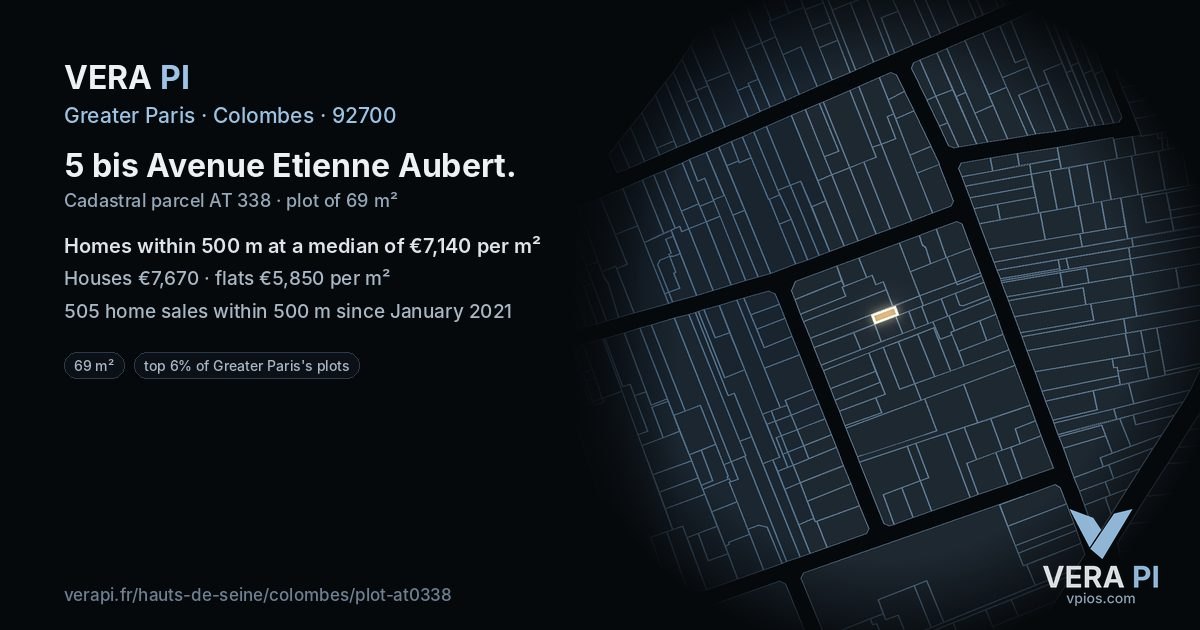 5 bis Avenue Etienne Aubert, Colombes at night – the plot lit, the parcels around coloured by the prices near them