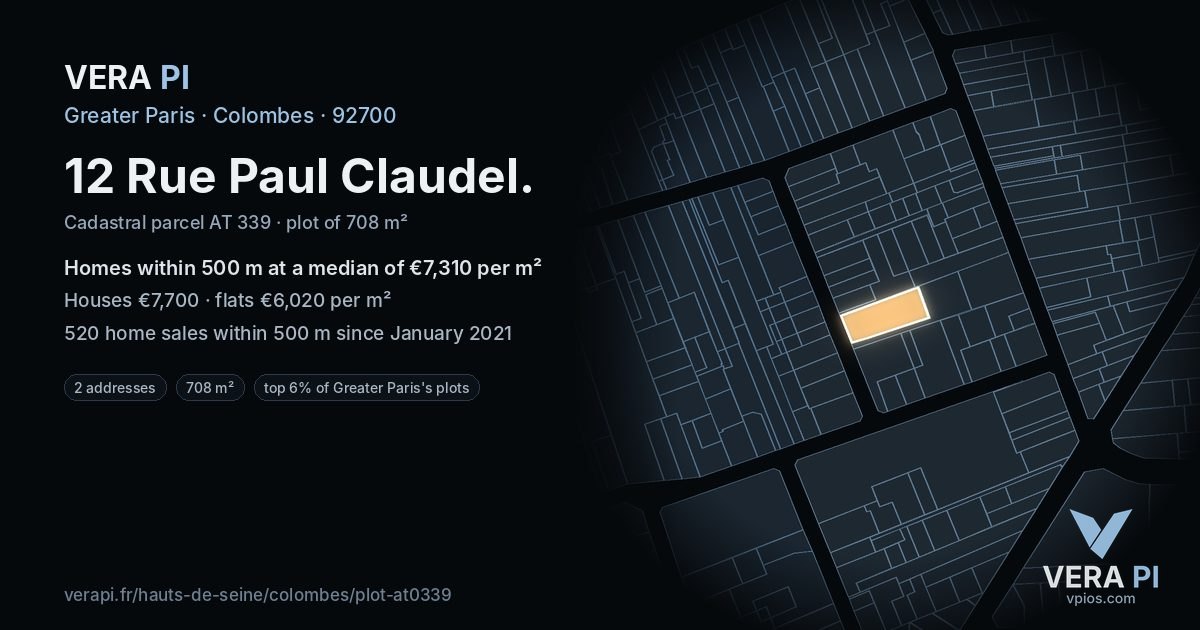 12 Rue Paul Claudel, Colombes at night – the plot lit, the parcels around coloured by the prices near them