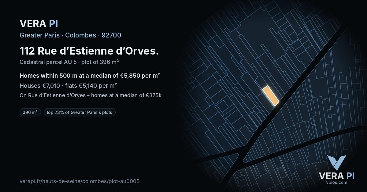 112 Rue d’Estienne d’Orves, Colombes at night – the plot lit, the parcels around coloured by the prices near them