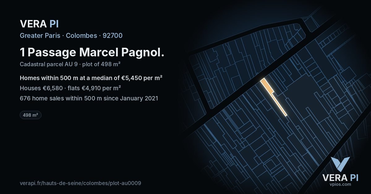 1 Passage Marcel Pagnol, Colombes at night – the plot lit, the parcels around coloured by the prices near them