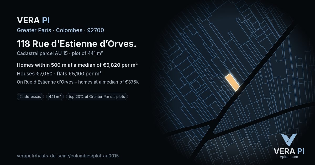 118 Rue d’Estienne d’Orves, Colombes at night – the plot lit, the parcels around coloured by the prices near them