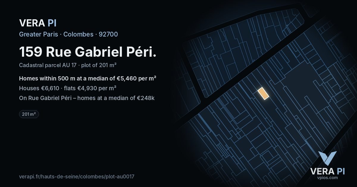 159 Rue Gabriel Péri, Colombes at night – the plot lit, the parcels around coloured by the prices near them