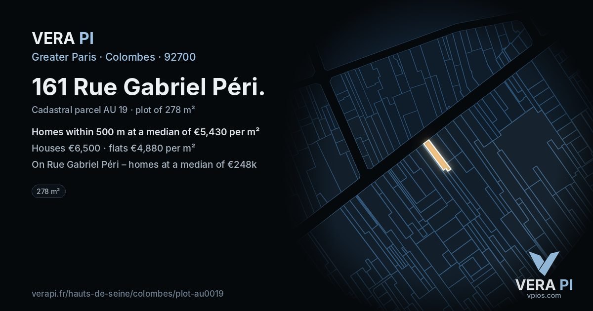 161 Rue Gabriel Péri, Colombes at night – the plot lit, the parcels around coloured by the prices near them