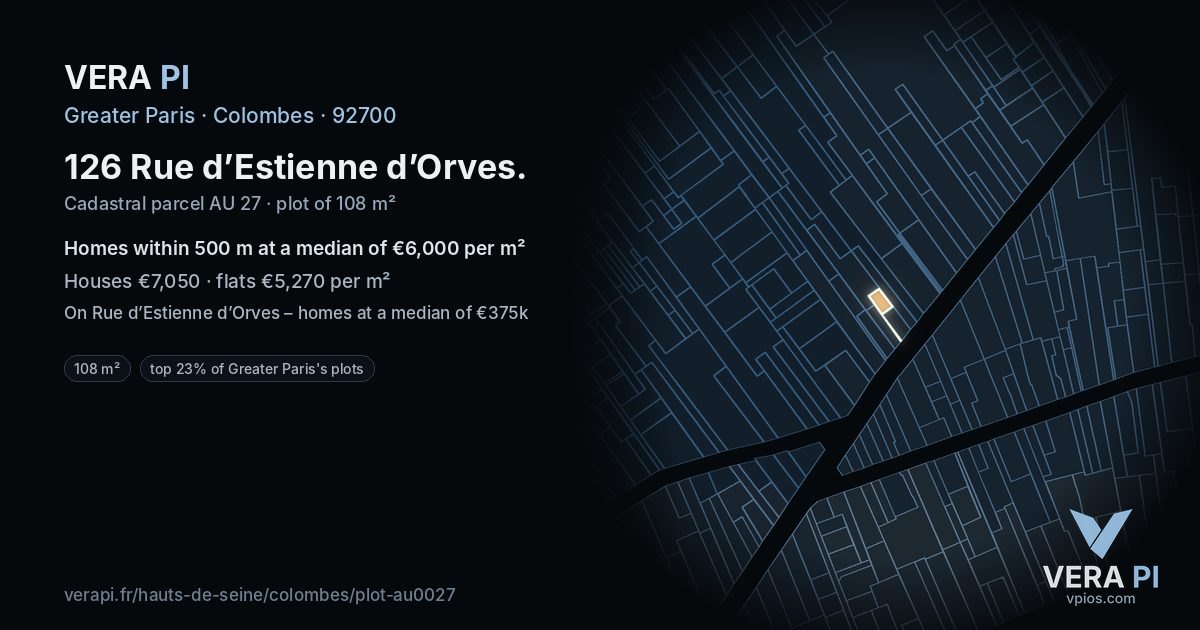 126 Rue d’Estienne d’Orves, Colombes at night – the plot lit, the parcels around coloured by the prices near them