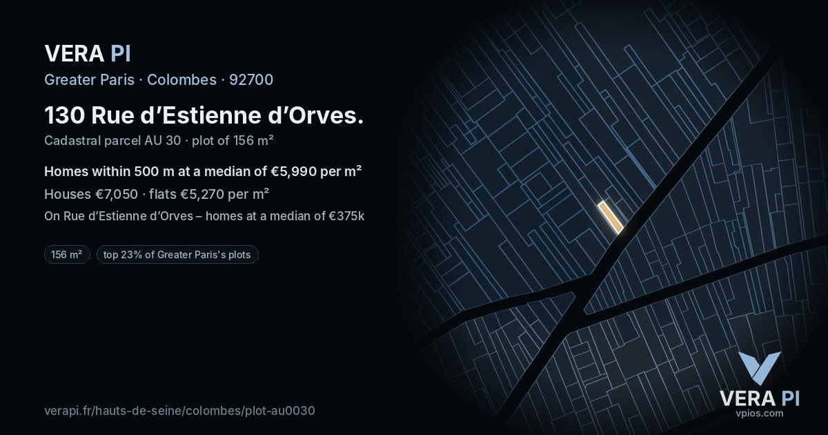 130 Rue d’Estienne d’Orves, Colombes at night – the plot lit, the parcels around coloured by the prices near them