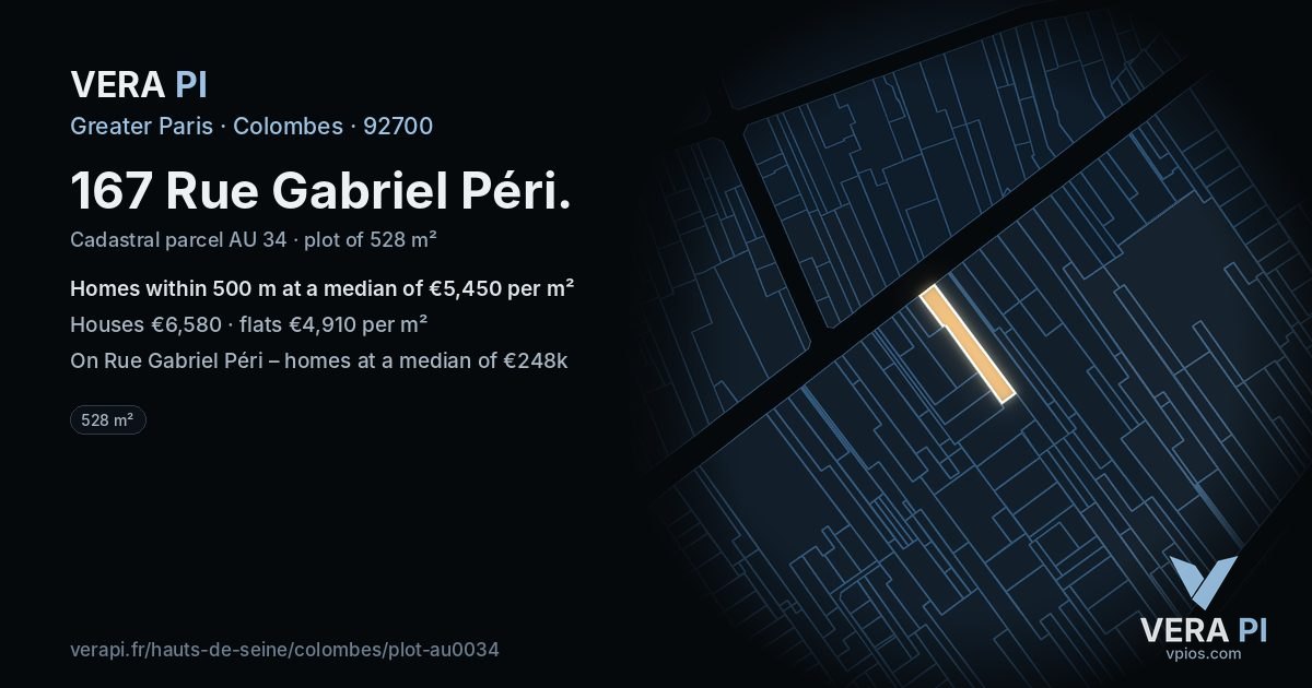 167 Rue Gabriel Péri, Colombes at night – the plot lit, the parcels around coloured by the prices near them