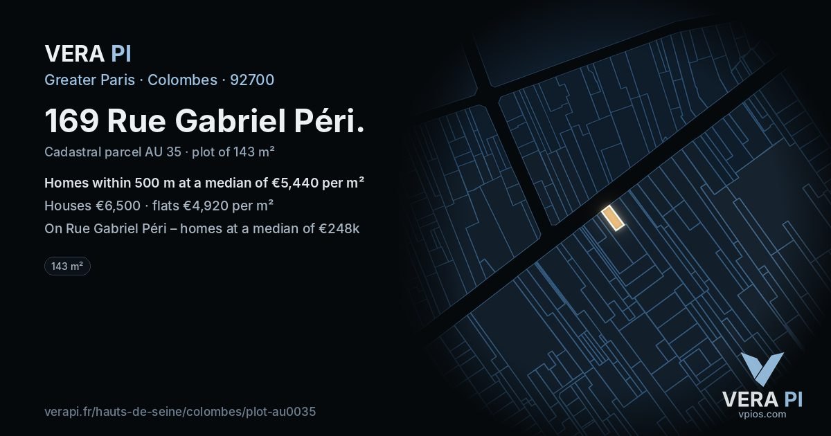 169 Rue Gabriel Péri, Colombes at night – the plot lit, the parcels around coloured by the prices near them