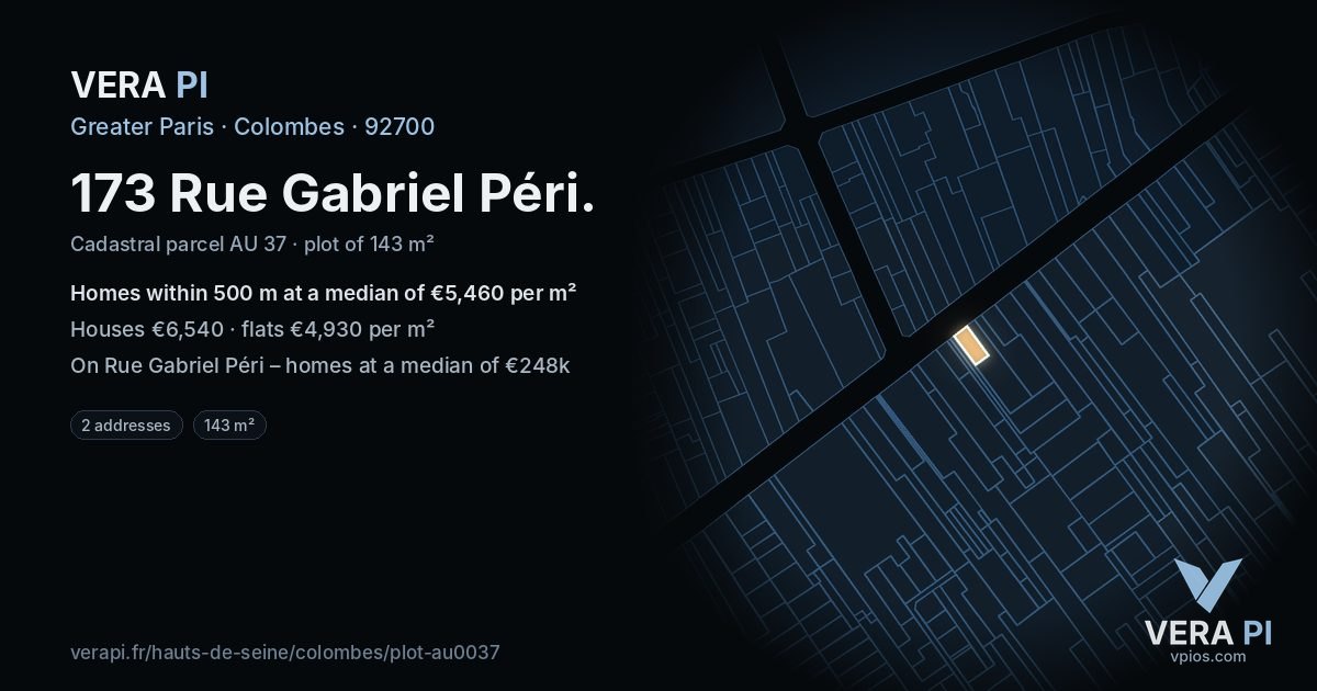 173 Rue Gabriel Péri, Colombes at night – the plot lit, the parcels around coloured by the prices near them