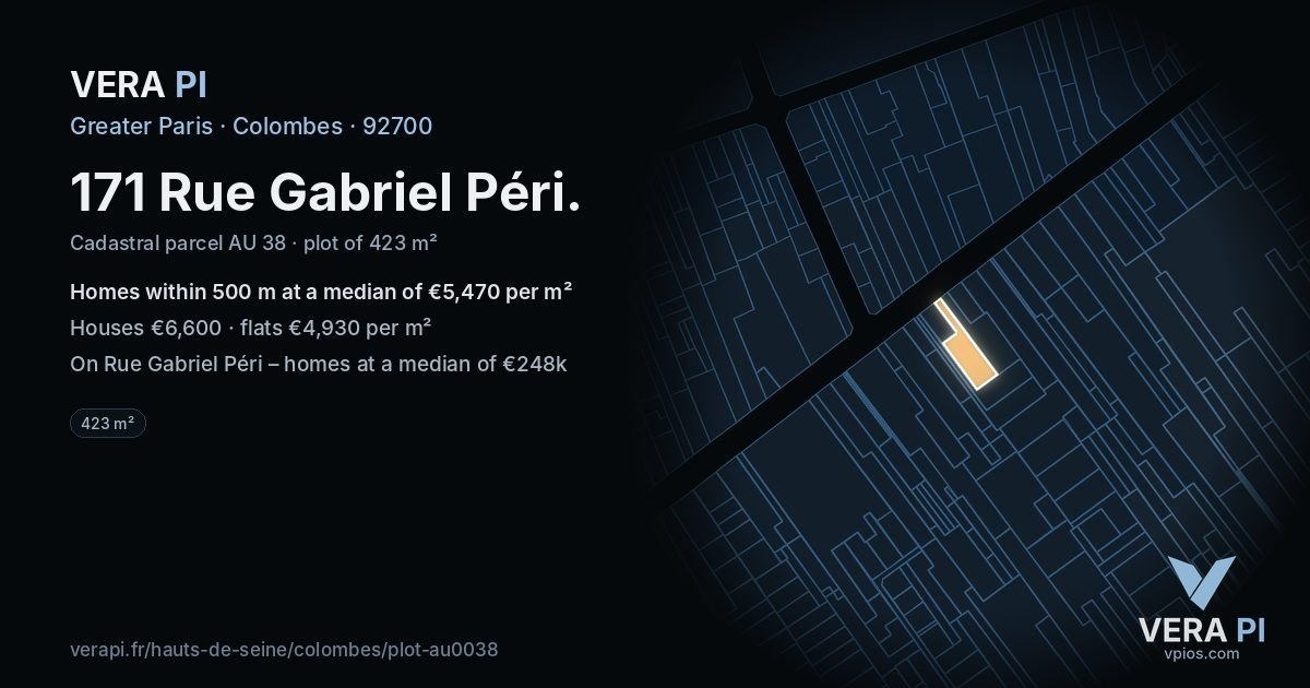 171 Rue Gabriel Péri, Colombes at night – the plot lit, the parcels around coloured by the prices near them
