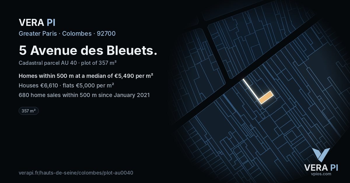 5 Avenue des Bleuets, Colombes at night – the plot lit, the parcels around coloured by the prices near them