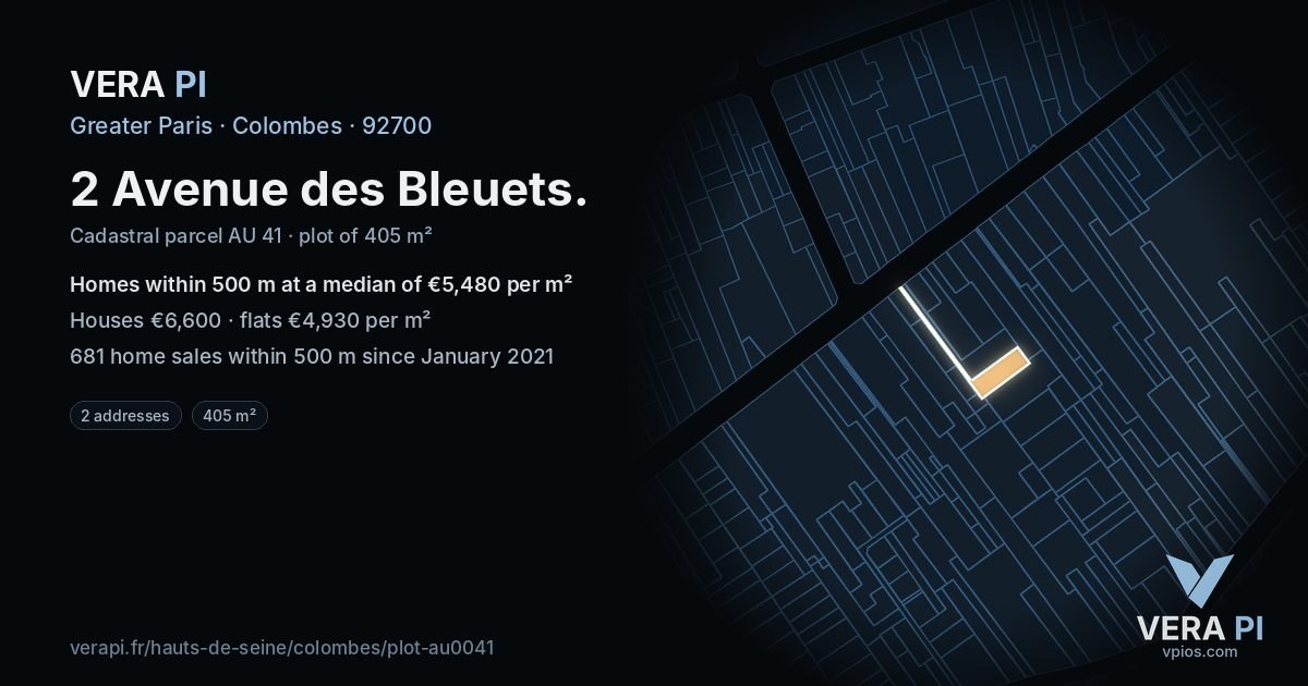 2 Avenue des Bleuets, Colombes at night – the plot lit, the parcels around coloured by the prices near them