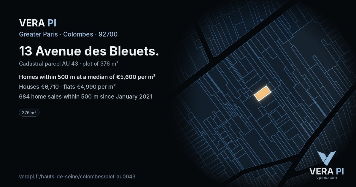 13 Avenue des Bleuets, Colombes at night – the plot lit, the parcels around coloured by the prices near them