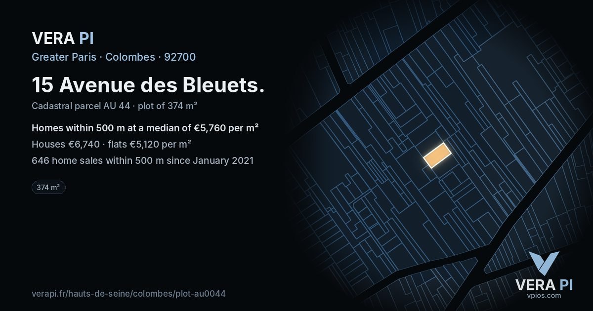 15 Avenue des Bleuets, Colombes at night – the plot lit, the parcels around coloured by the prices near them