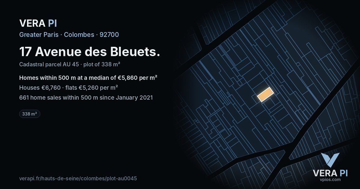 17 Avenue des Bleuets, Colombes at night – the plot lit, the parcels around coloured by the prices near them