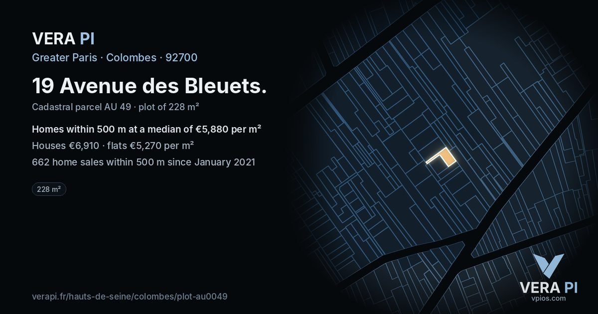 19 Avenue des Bleuets, Colombes at night – the plot lit, the parcels around coloured by the prices near them