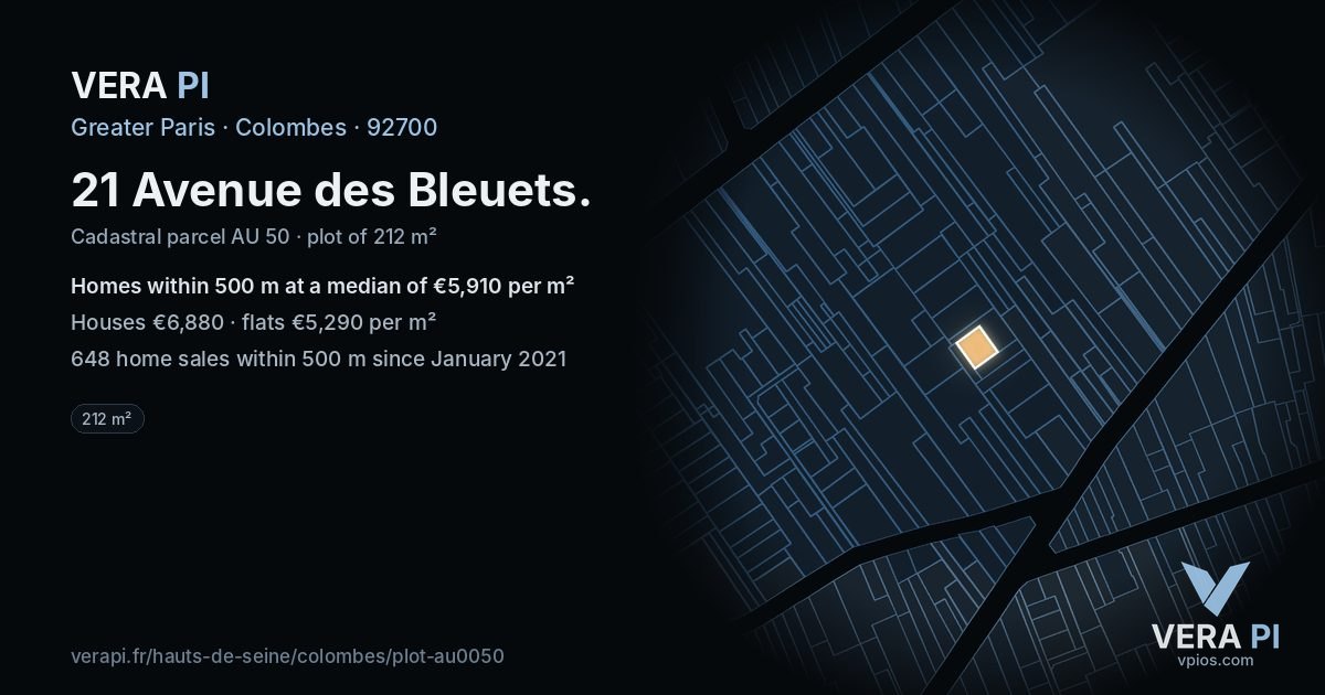 21 Avenue des Bleuets, Colombes at night – the plot lit, the parcels around coloured by the prices near them