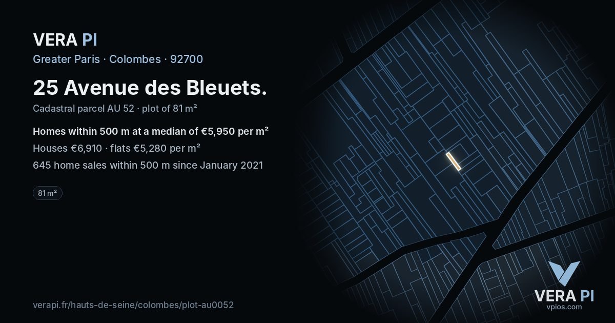 25 Avenue des Bleuets, Colombes at night – the plot lit, the parcels around coloured by the prices near them